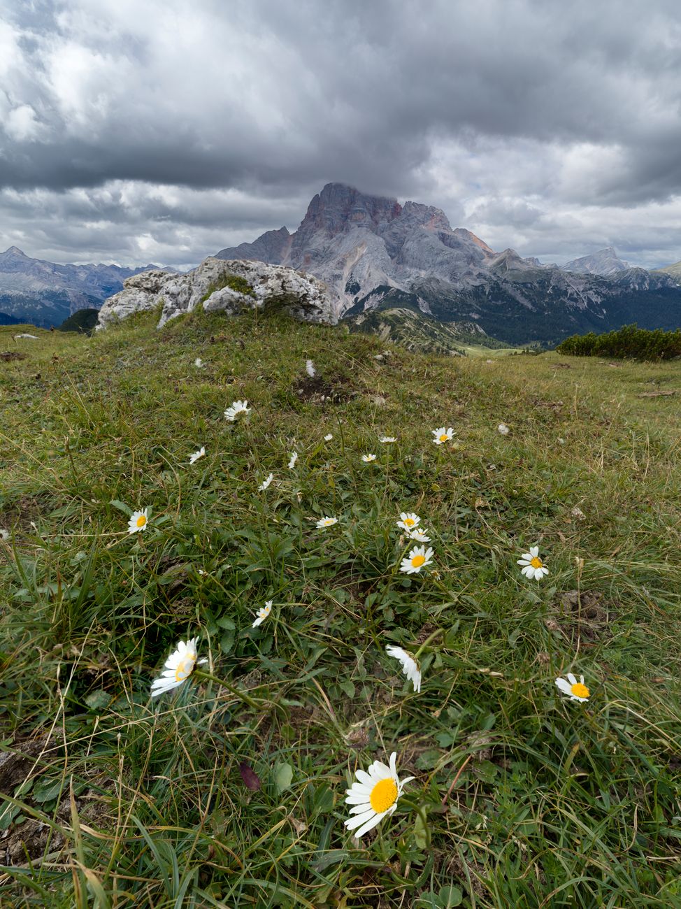 Limestone peaks of the Dolomites under alpine sky